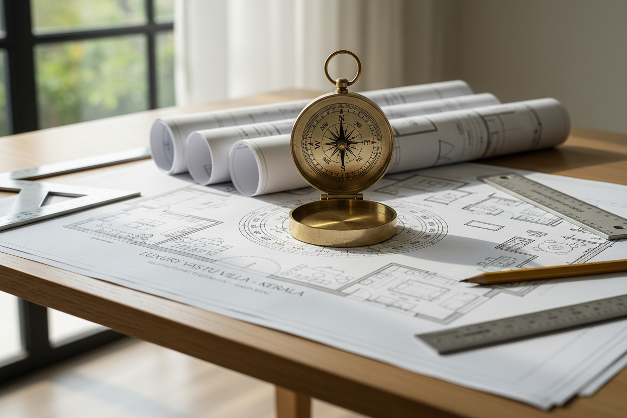 Compass on architectural floor plan
