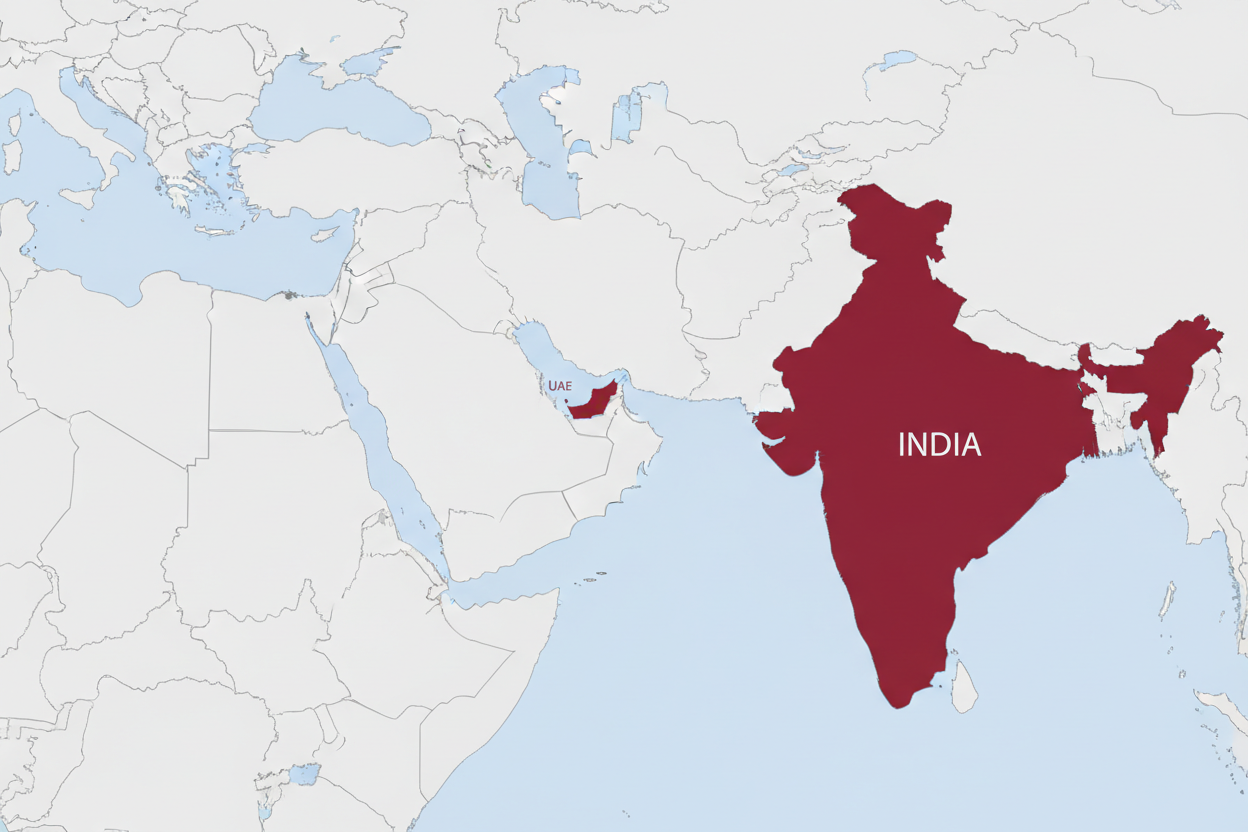 Regional map showing India, UAE, and Oman highlighted